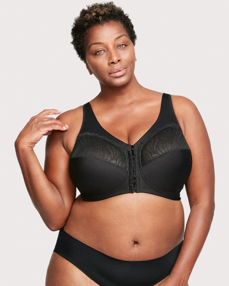 Front of a model wearing a size 48D MagicLift Natural Shape Front-Closure Bra in Black by Glamorise. | dia_product_style_image_id:262969